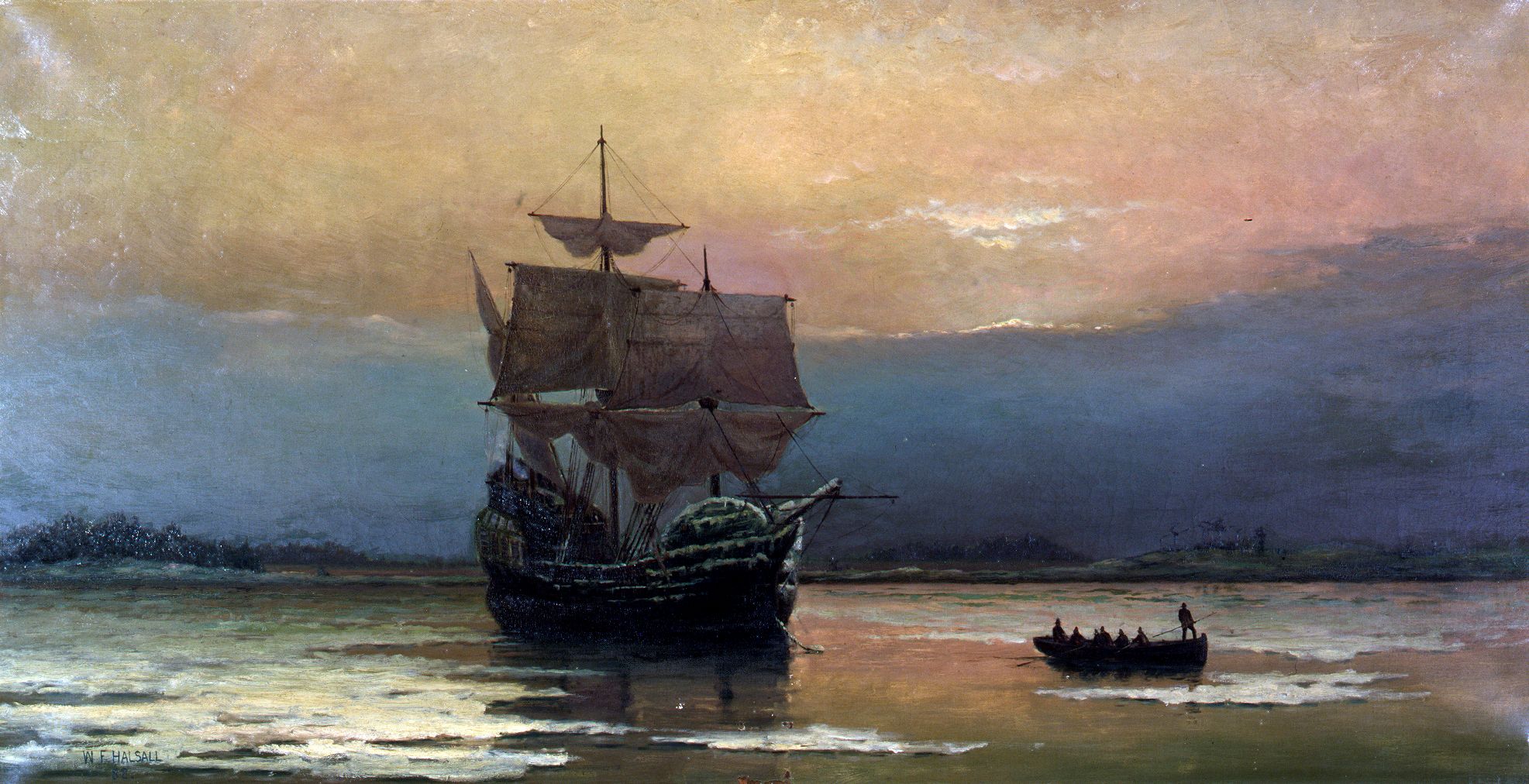 Mayflower In Plymouth Harbor, By William Halsall Public Domain. Needs US Tag