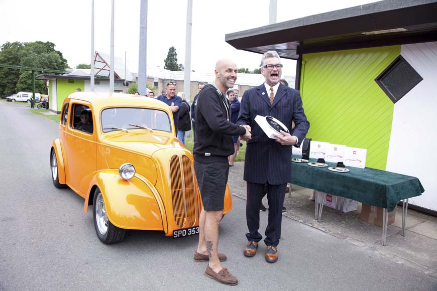 Hot Rod & Custom Best Hot Rod winner Dave Owen presented with trophy by Andy Saunders for his 1955 Ford Popular