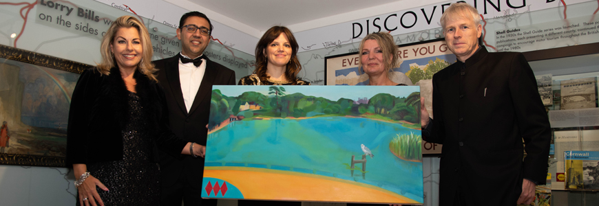 l-r Jane Keate and Rahul Malhotra from Shell, Shell Heritage Art Collection Manager Nicky Balfour Penney, artist Denise Harrison and Lord Montagu