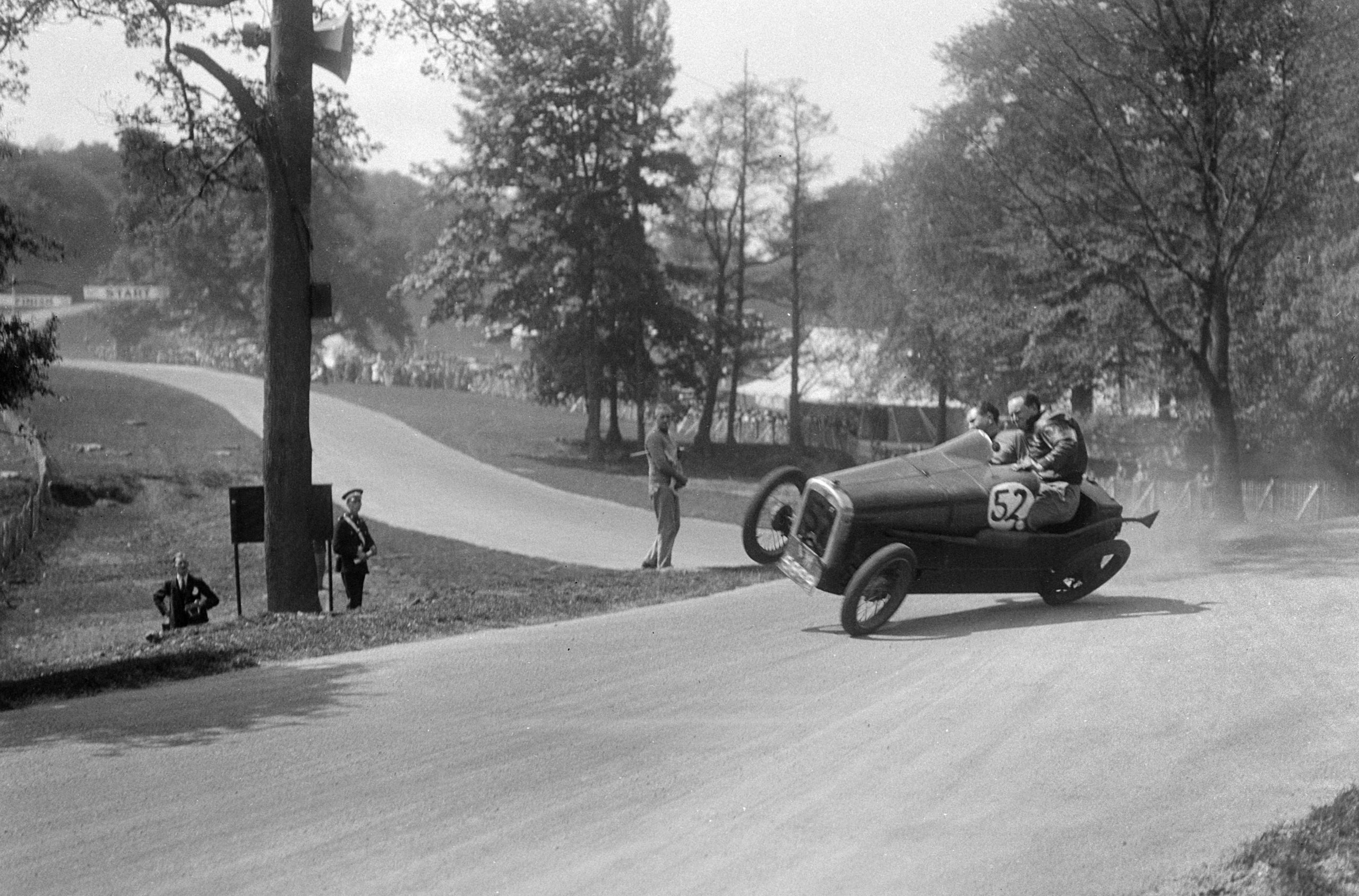 Donington Park 13th May 1933. Austin 7 driven by B. Sparrow loses control.