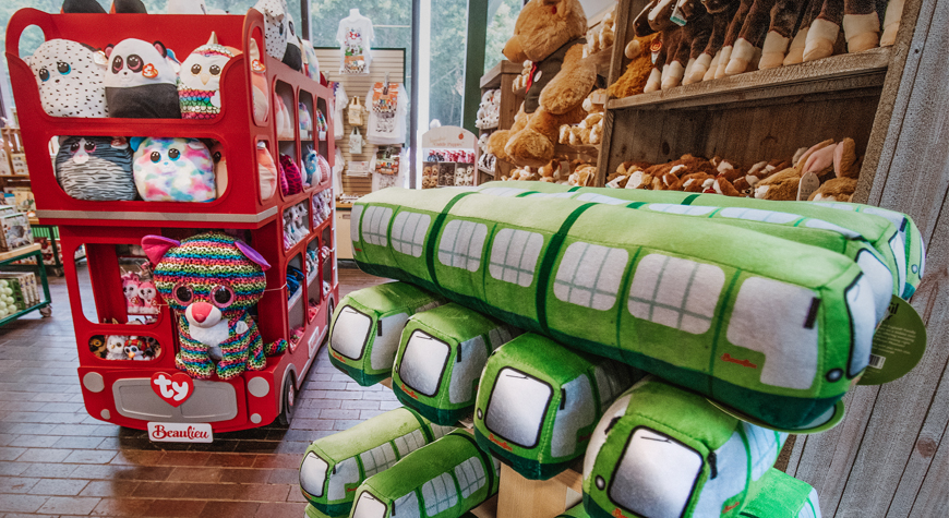 Toy monorail and soft toys in the Beaulieu gift shop