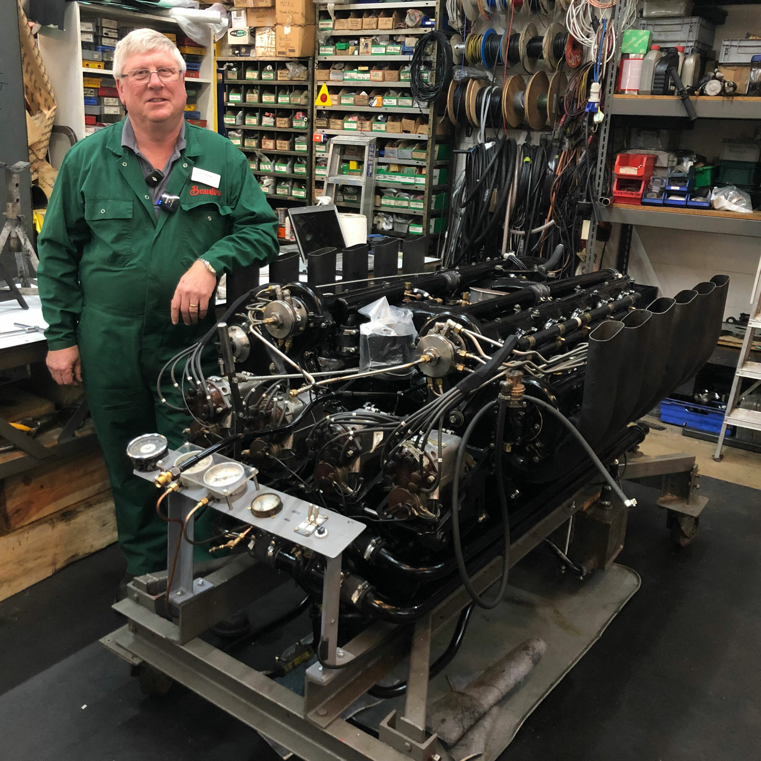 National-Motor-Museum-Senior-Engineer-Ian-Stanfield-with-the-restored-Sunbeam-1000hp-engine