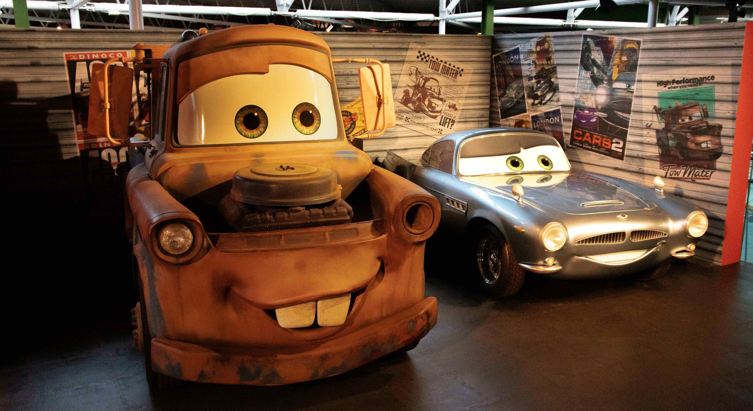 Mater and Finn McMissile in the National Motor Museum at Beaulieu