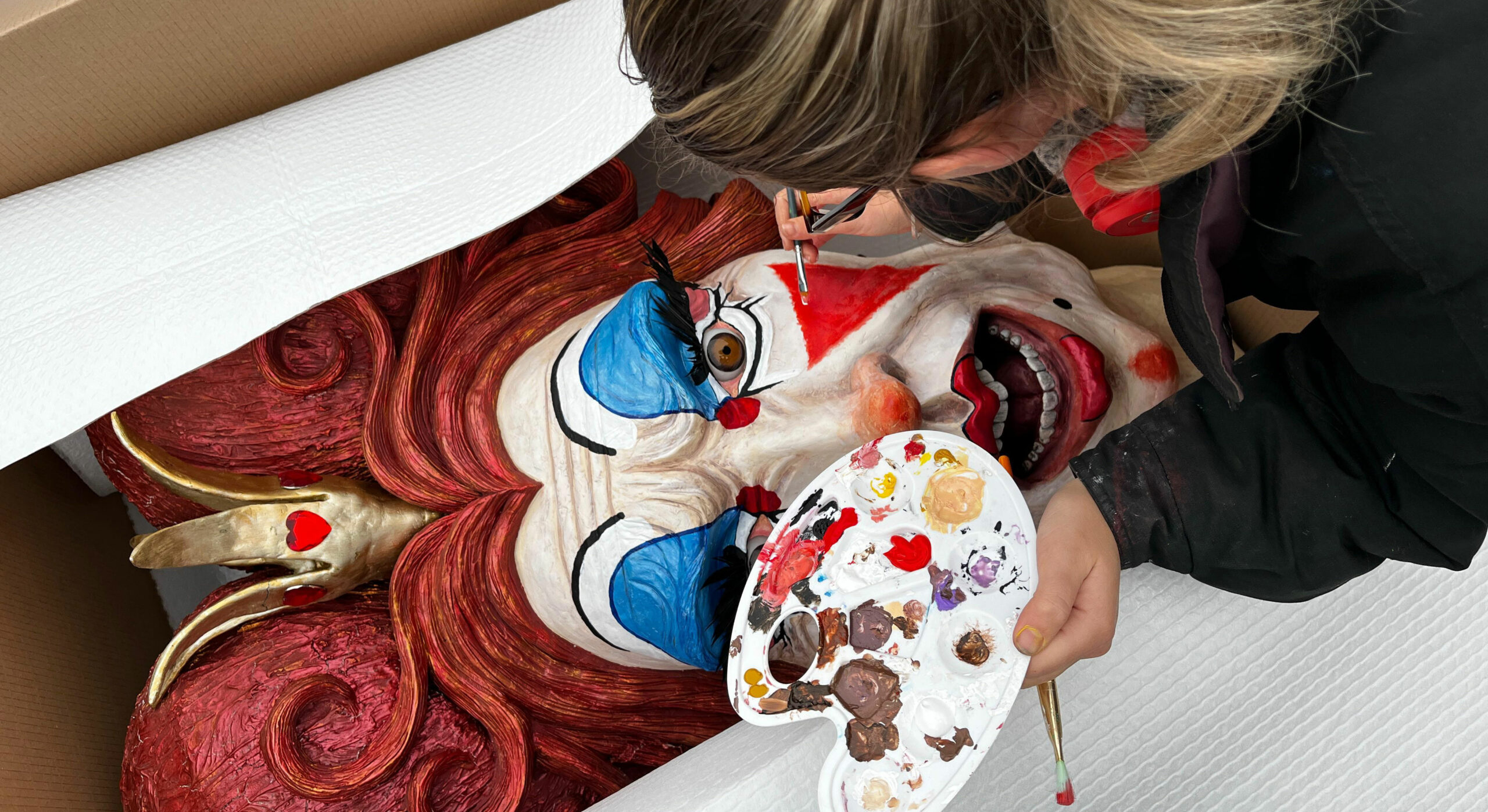 Finishing touches to the panto dame for A Palace House Christmas at Beaulieu