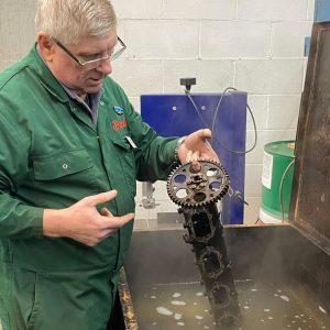 Senior-Engineer-Ian-Stanfield-soaks-camshaft-glued-by-oil