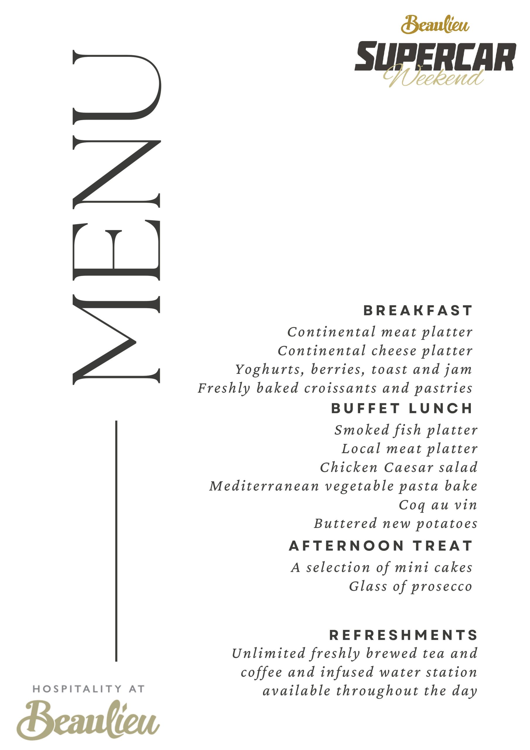 Supercar Weekend Hospitality Menu