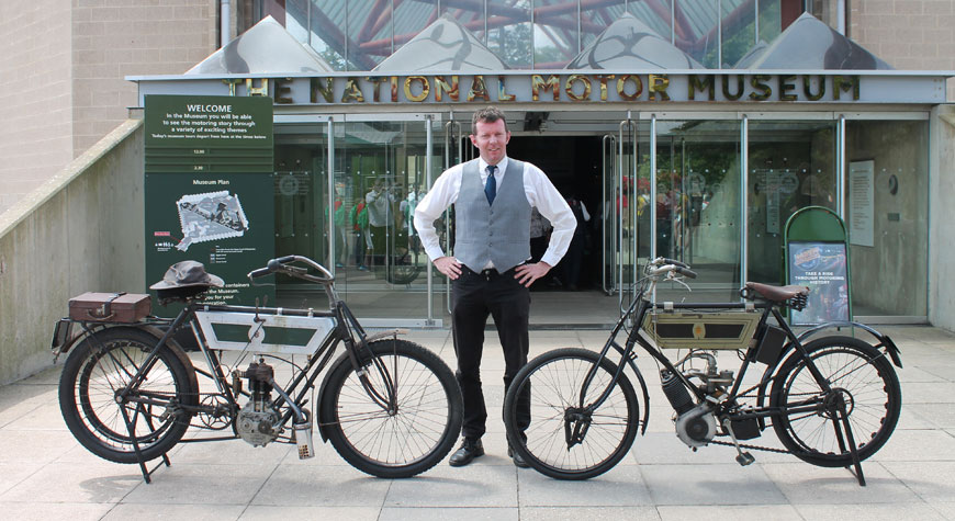 Nick Jonckheere with his 1905 Triumph and the National Motor Museum's 1903 Triumph 2.5hp.