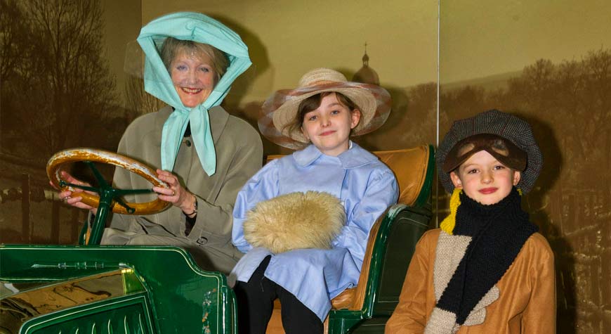 Dressing up in period costume in the National Motor Museum