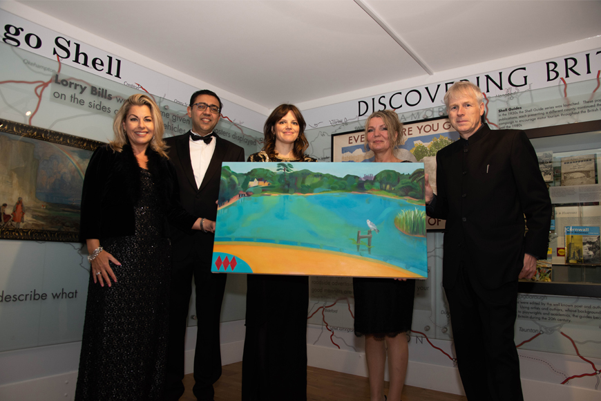 l-r Jane Keate and Rahul Malhotra from Shell, Shell Heritage Art Collection Manager Nicky Balfour Penney, artist Denise Harrison and Lord Montagu