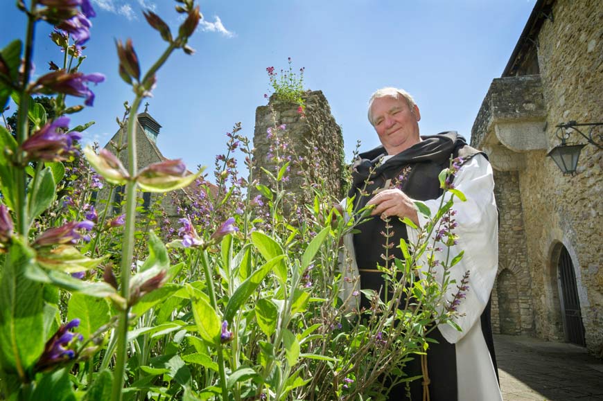 Monk looking at the Beaulieu Abbey herbs and plants