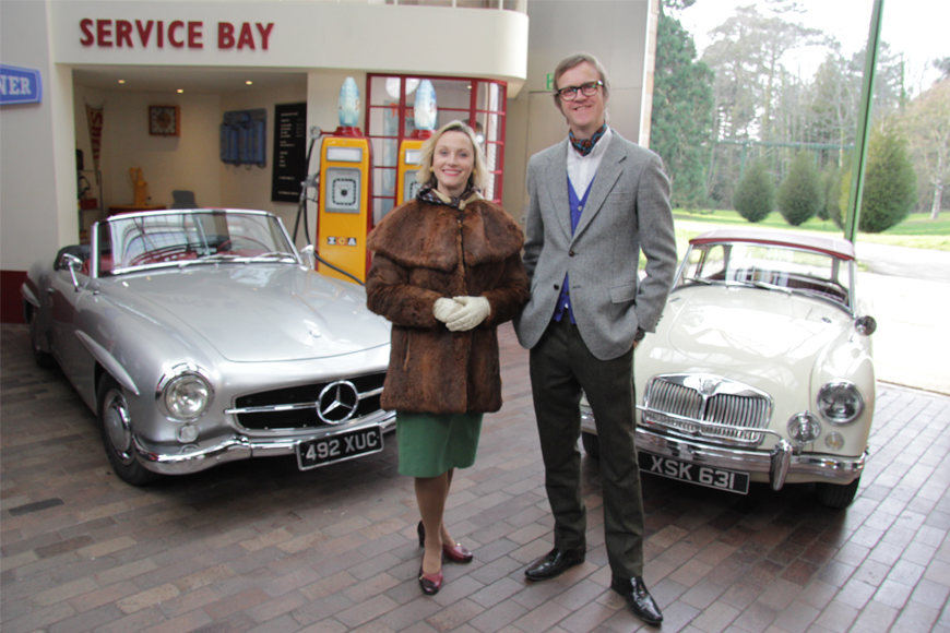 Vicki Butler-Henderson and Alex Riley in the National Motor Museum